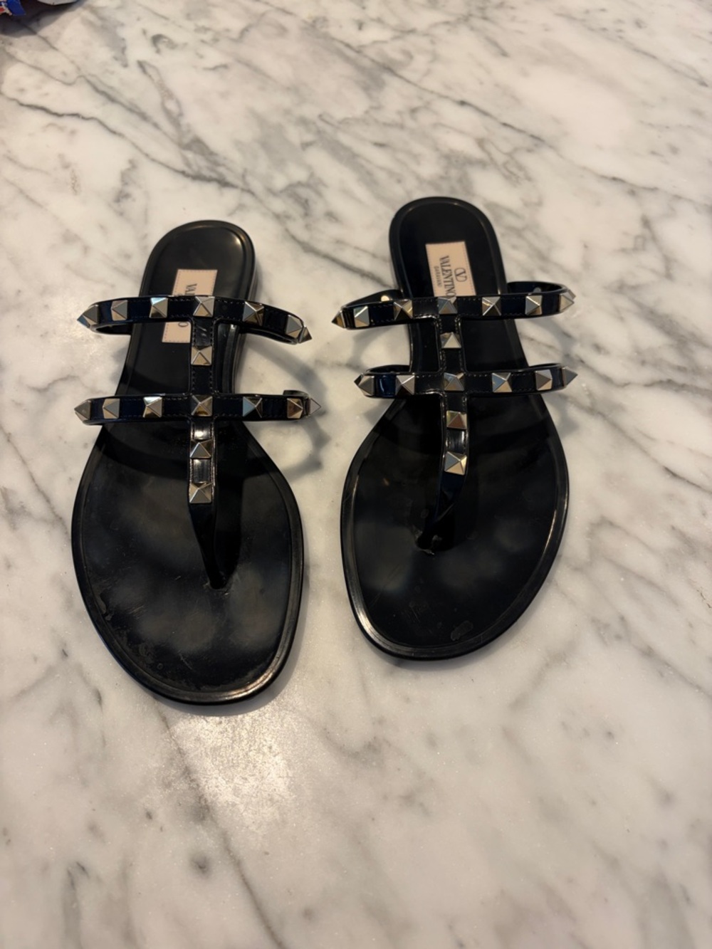 Valentino Garavani Black Patent Studded T-Strap Sandals